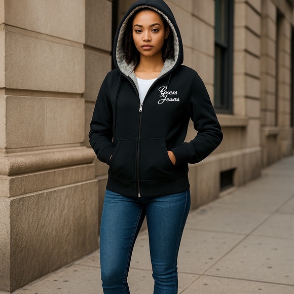 Guess Jeans ZipUp Hoodie Black Faux Fur Lined Y2K 90s Goth Grunge Bella Swan EMO - Picture 2 of 10